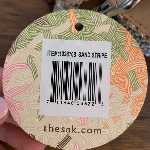 The Sak Crochet Purse Bag Braided Leather Handles Beige Grey Stripes NWT - Picture 4 of 6